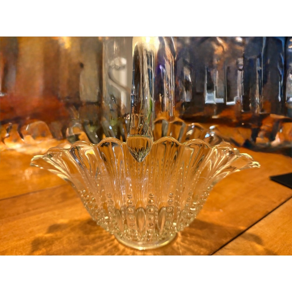 Vintage Clear Pressed Glass Basket Scalloped Edge Beaded Hobnail Handle 9.5in